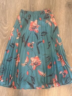 a new day Teal Floral Pleated Midi Skirt with Coral Accents